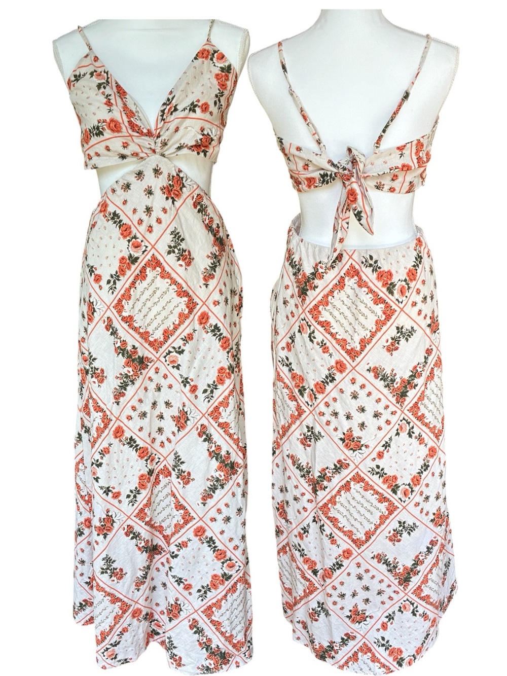 Abercrombie A&F Julia Slip Cutout Maxi Dress Floral Cream Casual Cottagecore XL